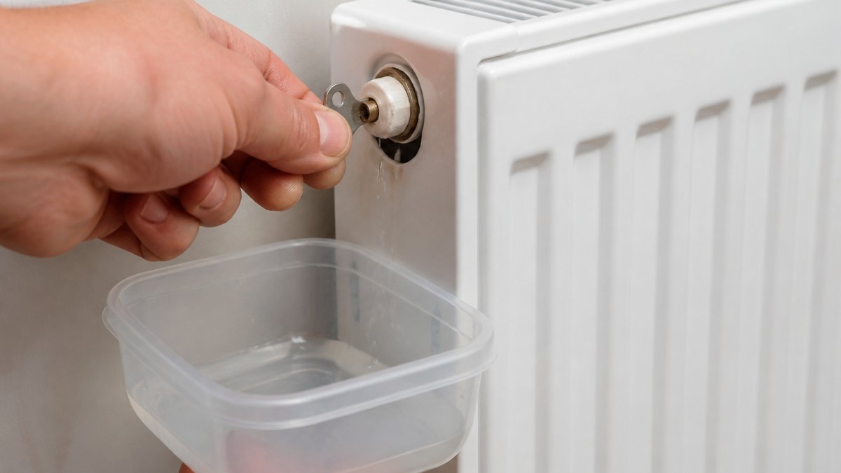 Close-up of a hand using a radiator bleeding key on a valve, with a small container positioned underneath to catch water droplets from the radiator
