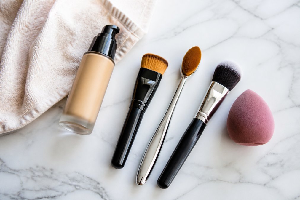 Flat lay of two or three professional make-up brushes arranged neatly on a white marble surface alongside a foundation bottle and a damp beauty sponge, photographed in bright natural light from above