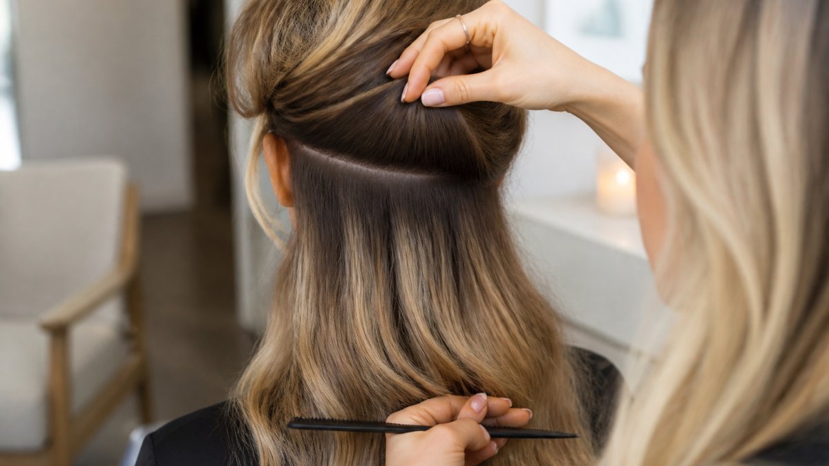 Professional demonstrating seamless blending technique at nape of neck, showing natural hair integrated with extensions in soft layers without visible shelf line or weight break, natural salon lighting