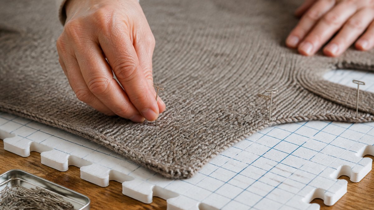 Close-up of hands placing t-pins into a blocking mat with a damp knit garment, showing proper pin placement and tension