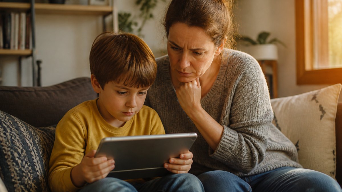 Concerned parent monitoring their child on a tablet to help block YouTube rabbit holes while sitting on a couch.