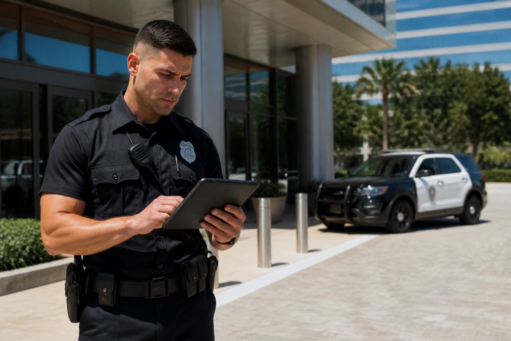 A professional security officer in a crisp uniform standing at a commercial building entrance, reviewing a tablet while a patrol vehicle sits in the background under clear daylight