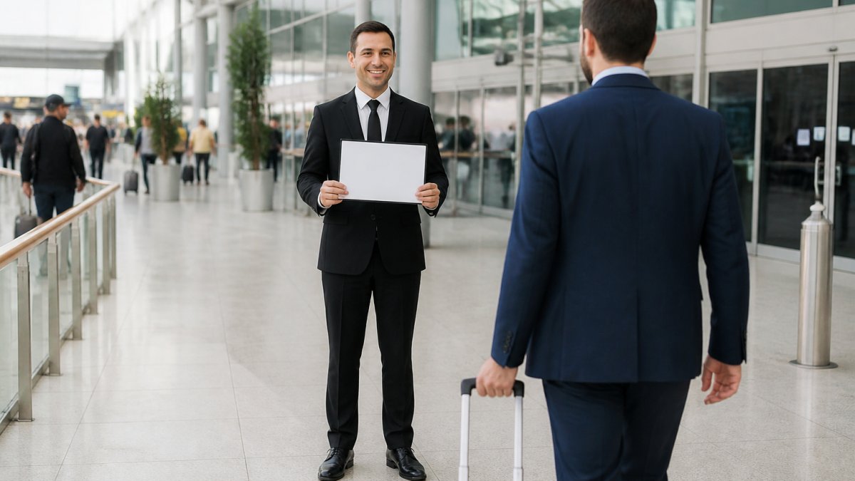 Professional airport chauffeur holding a name sign for a traveler arriving at the terminal pickup area