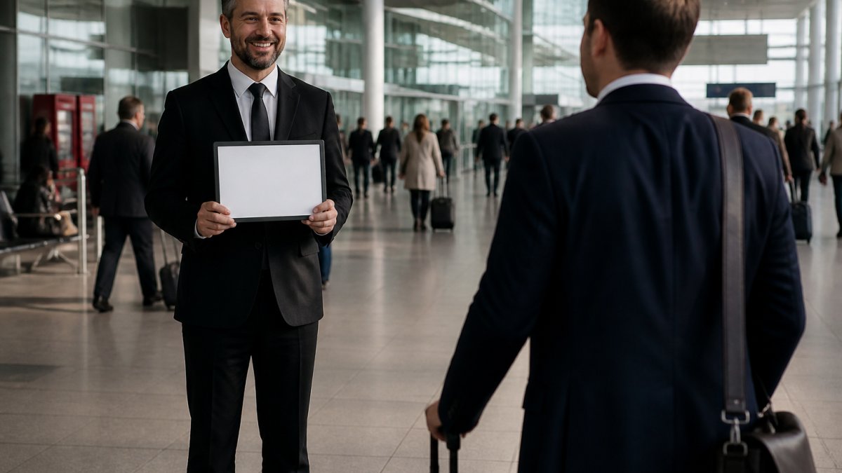 Professional chauffeur in dark suit holding name placard in busy airport arrivals hall, greeting business traveller with luggage, natural terminal lighting