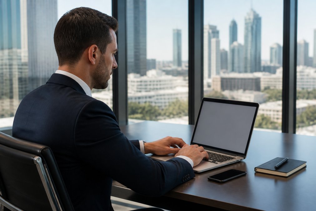 Business professional in a tailored dark suit sitting at a clean desk, using a laptop to complete an online reservation form, a smartphone placed beside the keyboard, with a softly blurred city skyline visible through floor-to-ceiling windows behind them