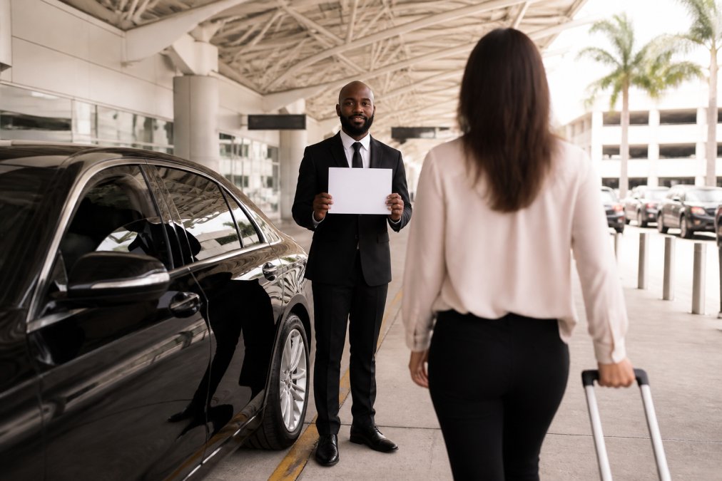 A professionally dressed chauffeur in a dark suit standing beside a polished black luxury sedan at an airport arrivals terminal, holding a printed name sign at chest height, making eye contact with a traveler approaching with a rolling suitcase, terminal signage visible in the background under bright overhead lighting