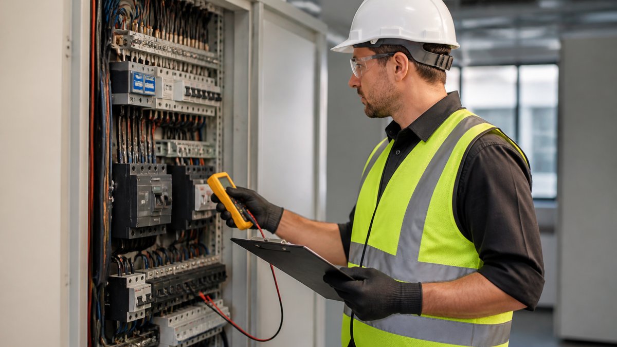 Professional electrician in work gear and safety vest inspecting a commercial building's electrical panel with clipboard and testing equipment in bright indoor setting