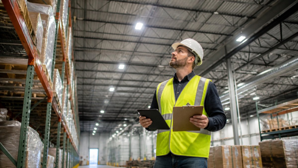 Facility manager conducting a lighting energy assessment in a warehouse with high-bay fixtures