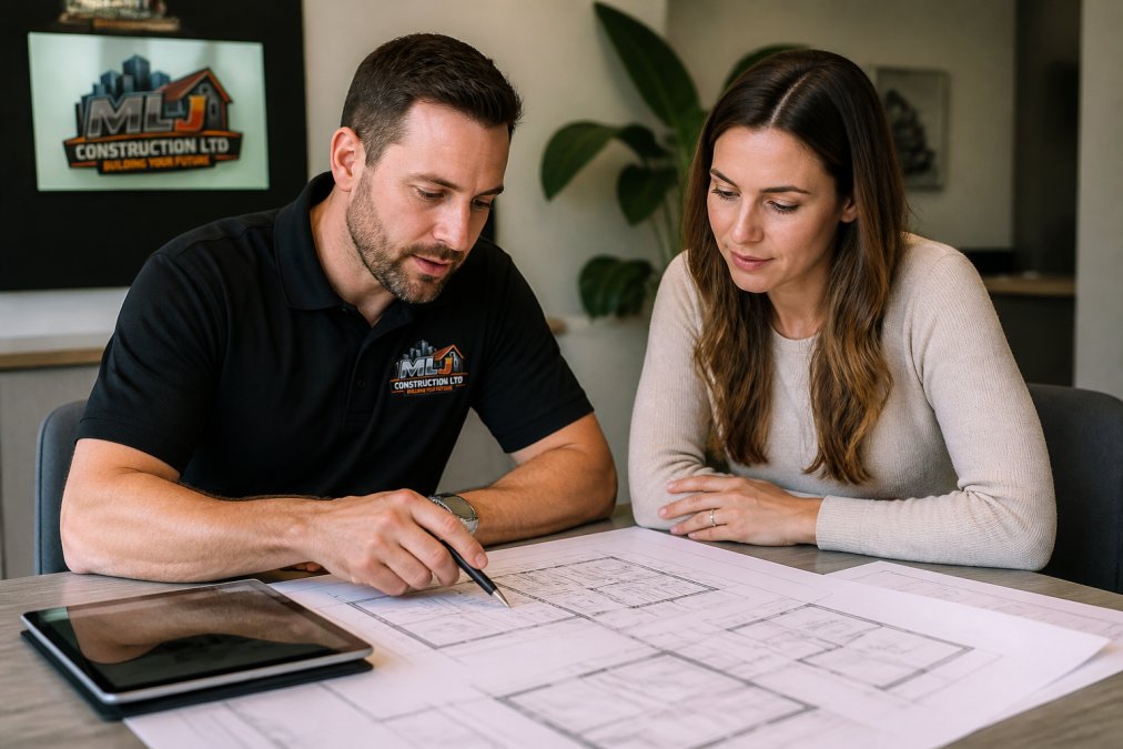 Infographic process flow for a construction management consultation showing homeowners and managers reviewing blueprints.