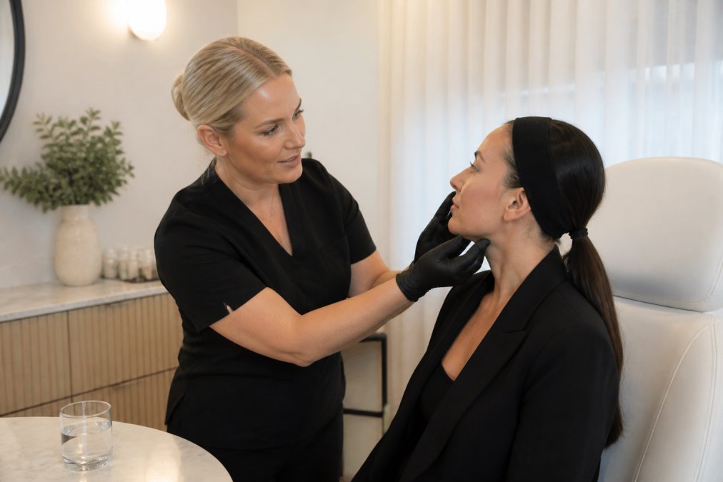 Registered Nurse conducting a detailed facial assessment with a patient in a modern, well-lit clinical consultation room with soft ambient lighting and comfortable seating