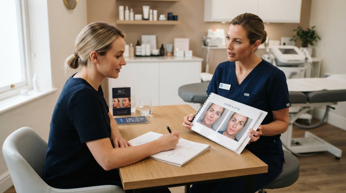Patient actively taking notes during consultation while a healthcare professional displays before-and-after treatment examples on a tablet in a professional clinic setting