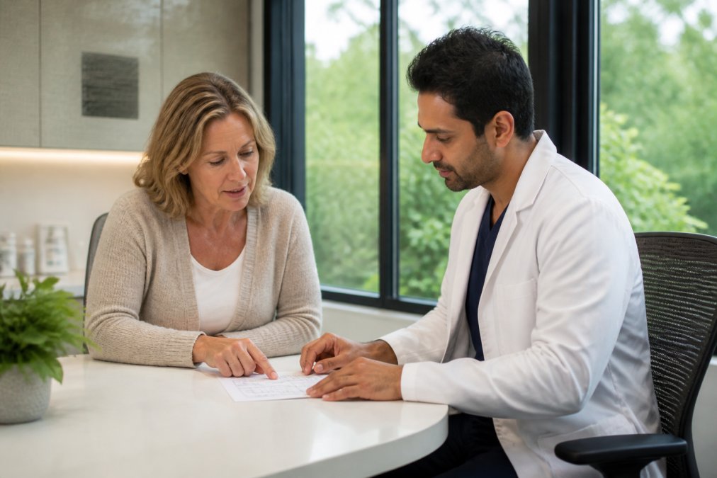 A woman in her 50s sitting at a bright clinic consultation room desk with a physician, reviewing a printed checklist and pointing at a document, both engaged in a friendly discussion