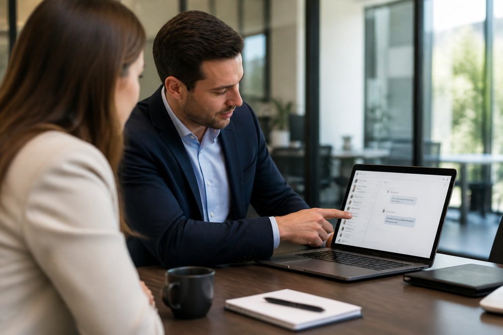A business professional pointing at a laptop screen showing a chat interface while a colleague watches, in a bright office setting