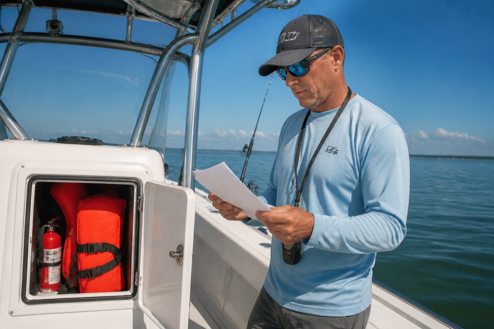 Professional fishing guide standing on the deck of a charter boat, checking safety equipment and reviewing Coast Guard certification documents, with calm Gulf waters in the background