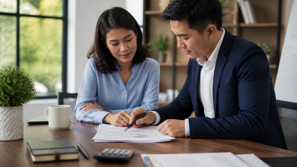 Professional financial adviser and client reviewing insurance documents together across a modern office desk with natural lighting from windows