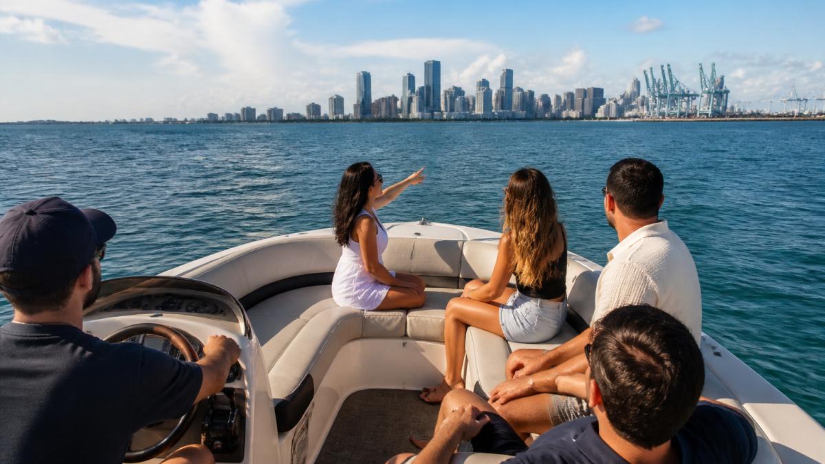Friends on a private miami boat excursion pointing toward the sunny downtown Miami skyline from Biscayne Bay.