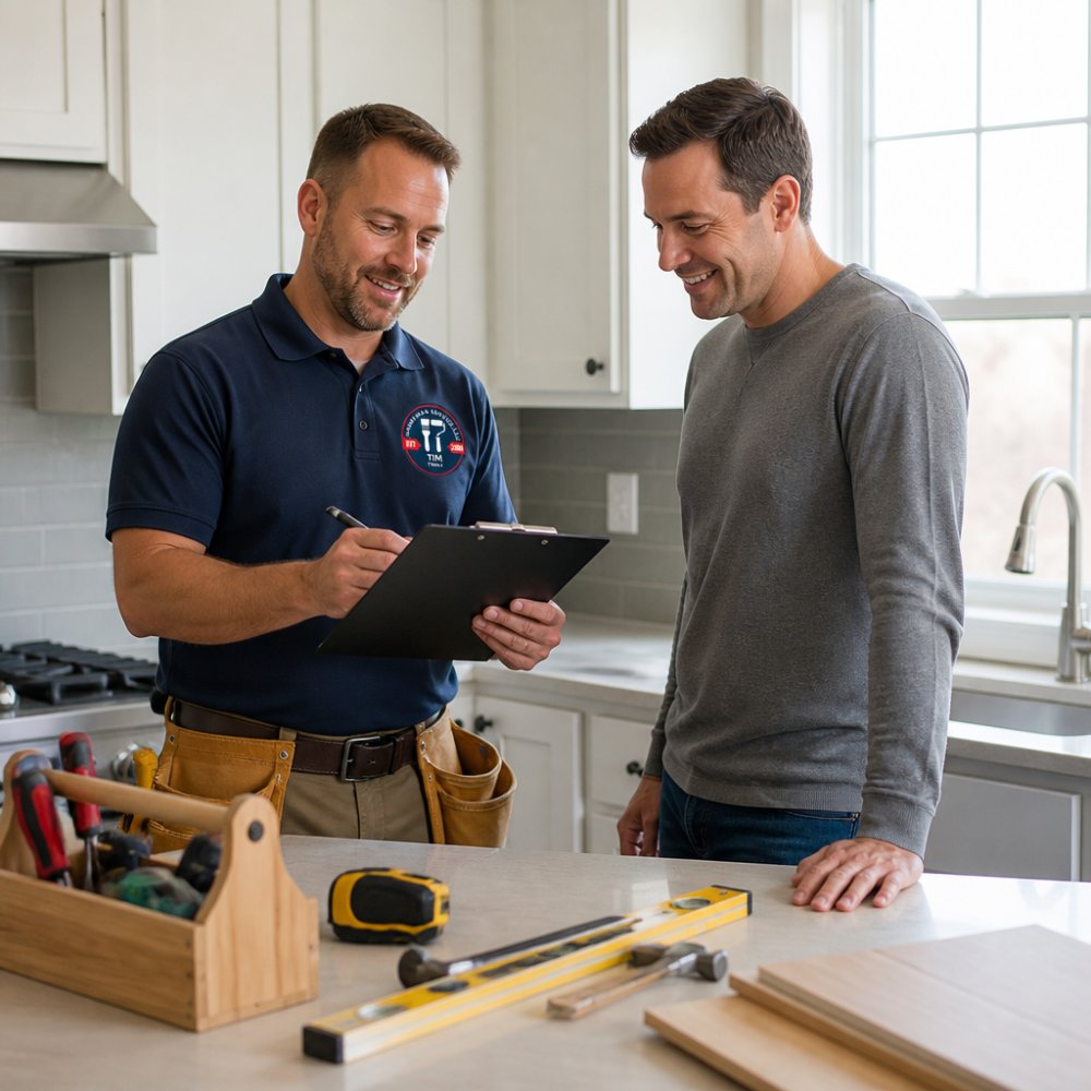 A professional handyman in a clean uniform reviewing a clipboard with a homeowner in a bright, modern kitchen, both smiling and engaged in conversation