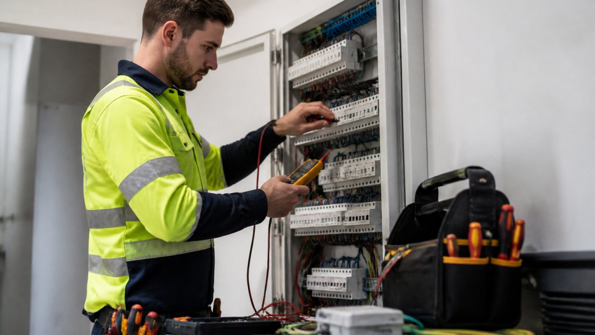 Professional electrician in high-visibility safety gear inspecting a residential switchboard with digital testing equipment in hand, focused and methodical