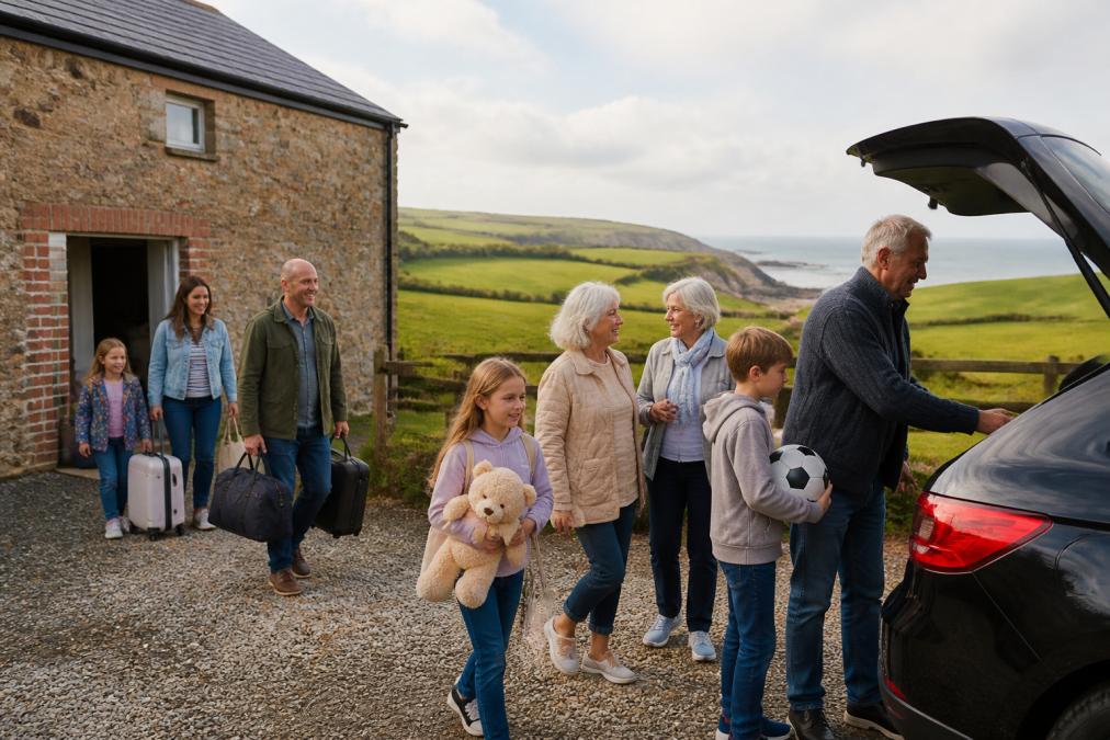 A multi-generational family group unloading bags from cars outside a stone barn conversion in rural Devon, rolling green fields behind them and a coastal path visible in the distance under soft afternoon light