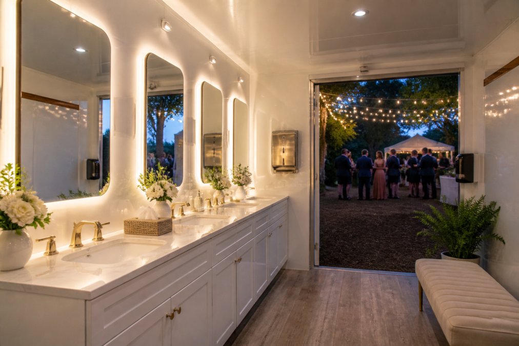 Elegant interior of a luxury restroom trailer featuring white vanity mirrors with LED lighting, polished fixtures, and soft ambient lighting during outdoor wedding setup with guests in background
