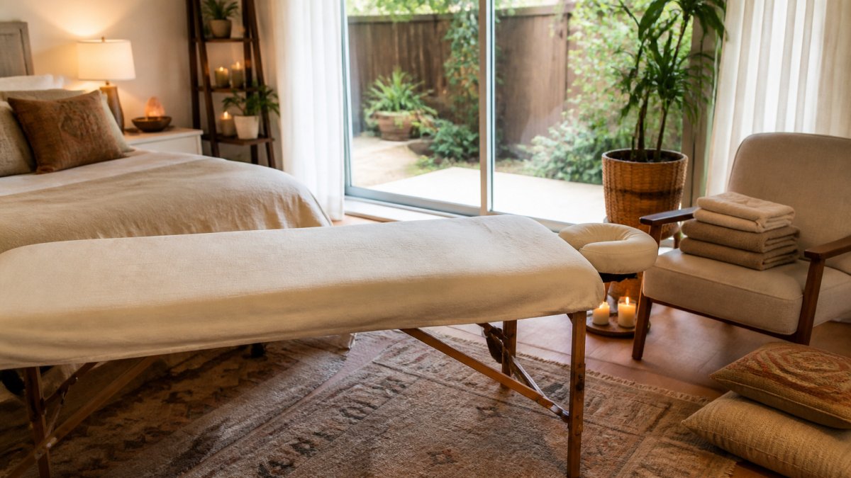 Infographic showing steps to prepare your home for a mobile massage therapist for home visits in a serene room.