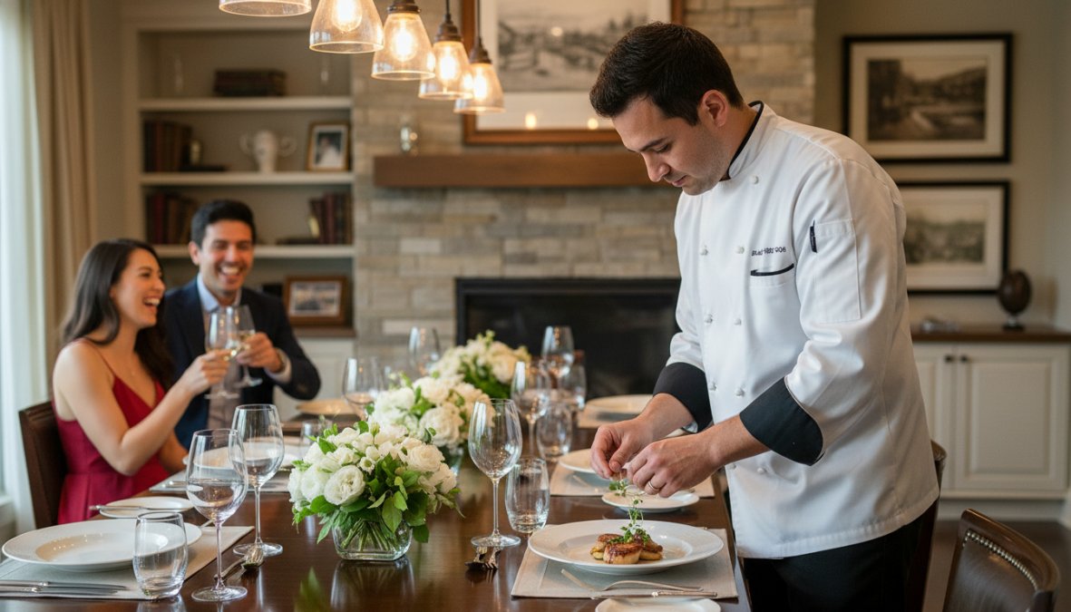 A professional chef in a white chef's coat plating an elegant multi-course dish at a beautifully set dinner table inside a stylish home dining room, with soft warm lighting and wine glasses in the background