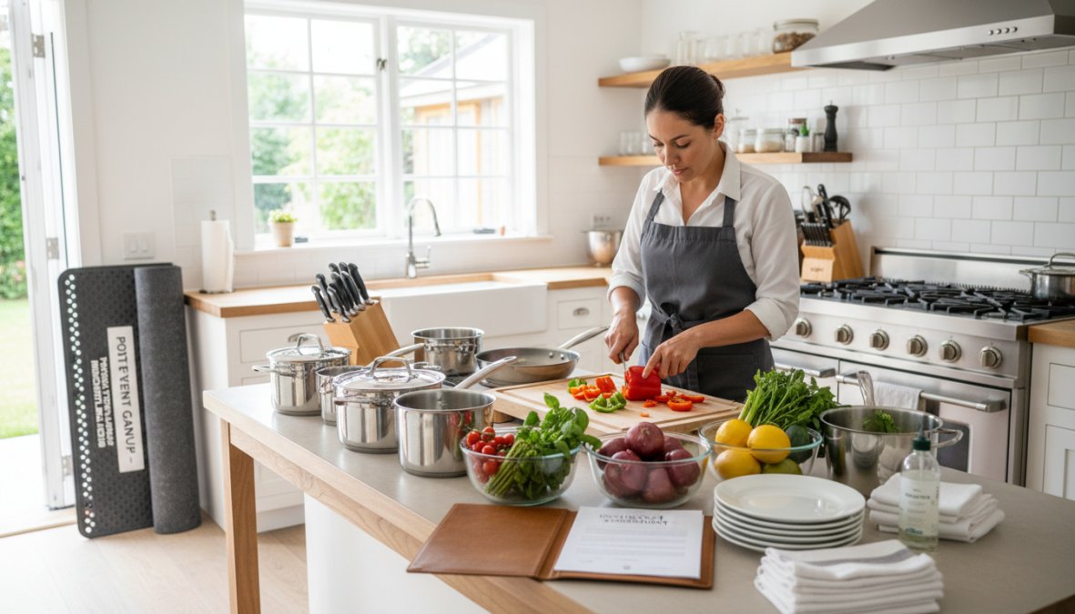 A private chef preparing fresh ingredients on a clean home kitchen bench, surrounded by professional-grade cookware, chopping boards, and neatly arranged organic produce in warm natural light