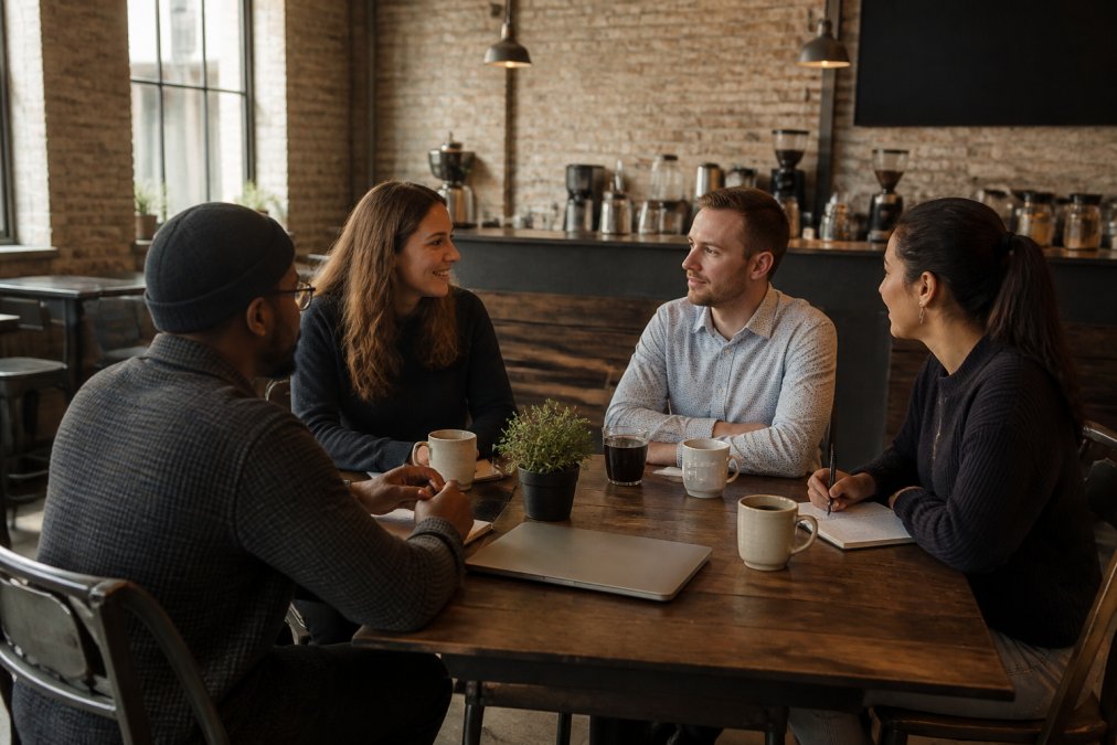 A diverse team of people seated around a coffee shop table during a private meeting, with laptops, notepads, and coffee cups visible, showing comfortable seating and collaborative atmosphere