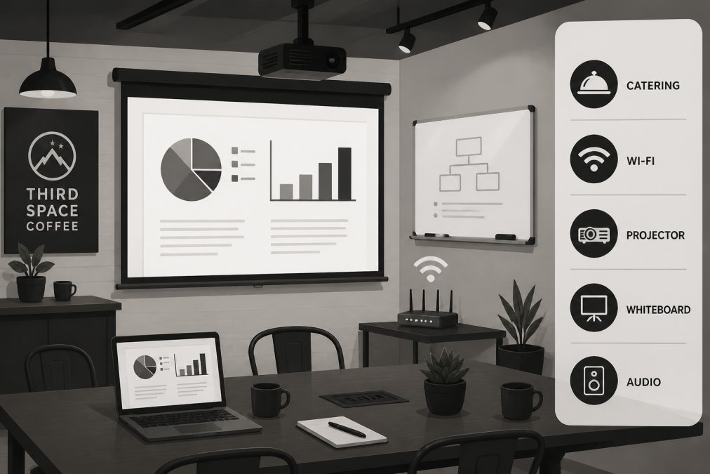 Close-up of a coffee shop event space showing a projector screen displaying presentation slides, with Wi-Fi router visible and whiteboard in background, professional setup for business gathering