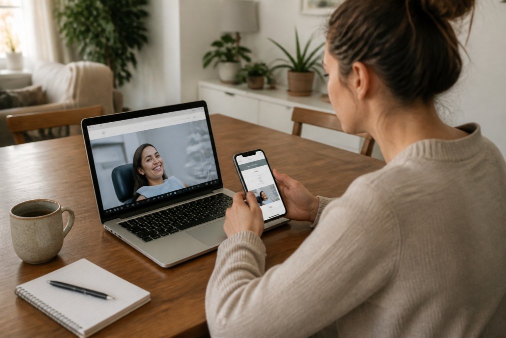 Step-by-step infographic showing how to book a private dental appointment online using a laptop and smartphone