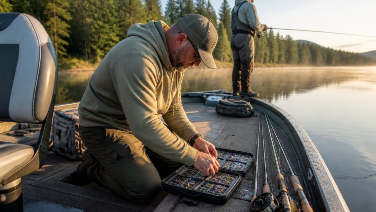 Professional fishing guide and angler on a boat preparing fly fishing rods and tackle with calm water and forested shoreline in the background, early morning light