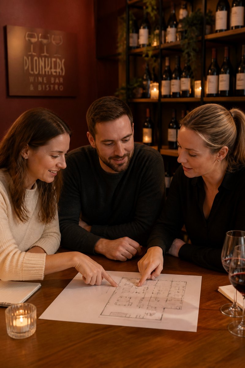 Couple reviewing a floor plan with a manager to book a private function room in a cozy bar setting