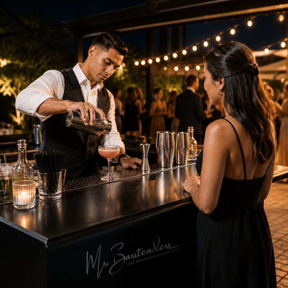 A professional bartender in a crisp white shirt and vest mixing a craft cocktail at a sleek mobile bar setup, warm string lights glowing in the background, an engaged guest watching the pour