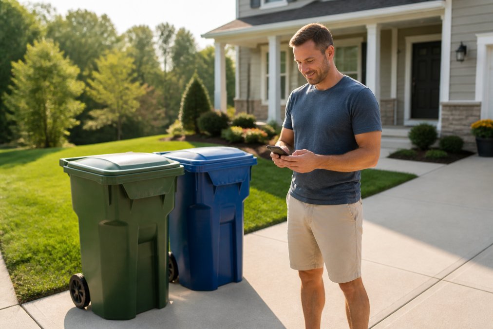Homeowner using a smartphone to book a bin cleaning service on a driveway