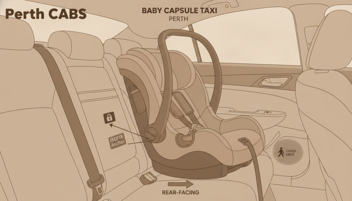 Interior of a clean, modern sedan with a properly installed infant car seat in the rear passenger position, showing the seat's rear-facing orientation and safety harness clearly visible