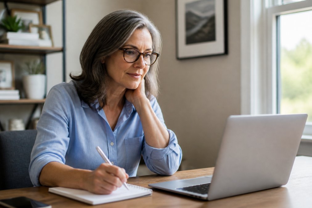 A woman in her 50s sitting at a clean desk in a bright home office, holding a pen and notepad, looking at a laptop screen as she prepares for a video call