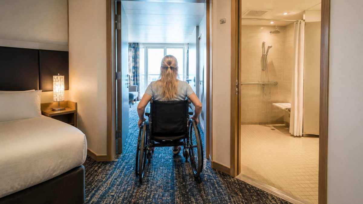 A traveler in a manual wheelchair maneuvering through the wide doorway of a bright cruise ship stateroom, with a roll-in shower visible through the open bathroom door