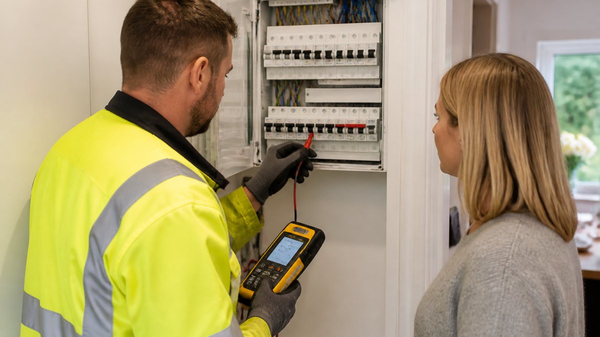 Professional electrician in high-visibility clothing conducting an electrical inspection at a residential consumer unit, using testing equipment in a modern home setting