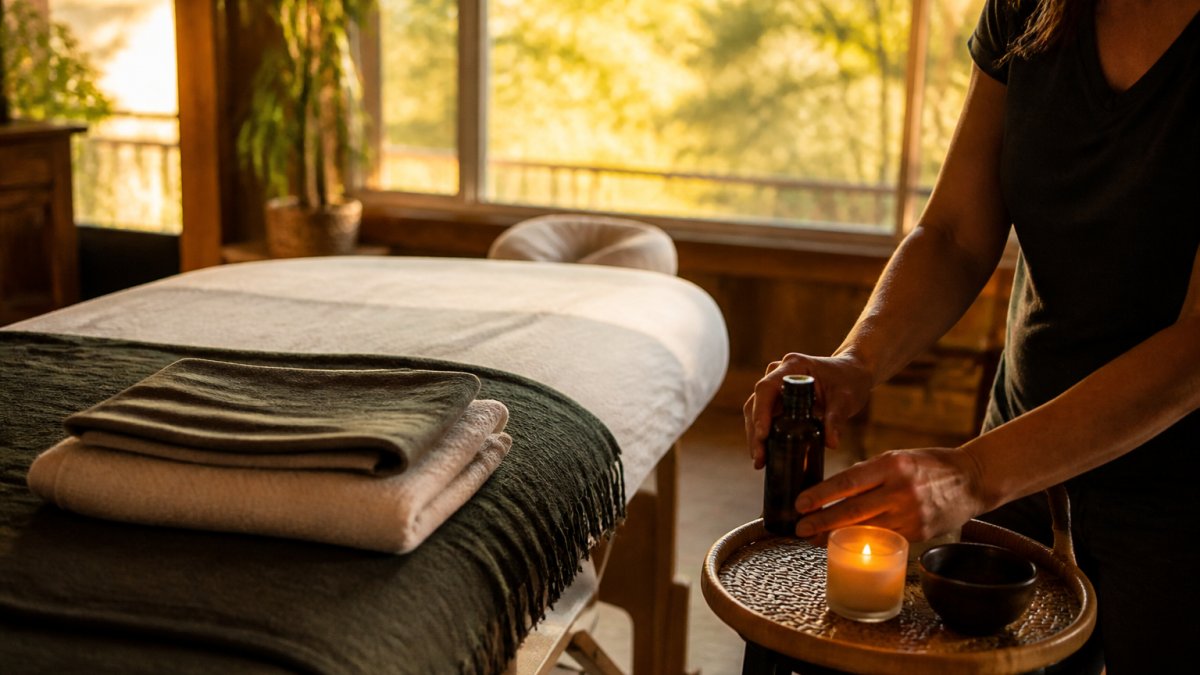 A cozy living room with a massage table set up near a window, soft blankets folded nearby, and a small candle on a side table, creating a calm home spa atmosphere