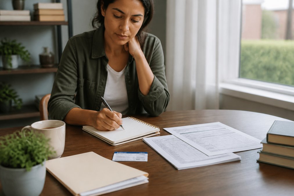 Patient sitting at a desk with a notebook, health insurance card, and medical documents spread out in preparation for an appointment, natural window lighting