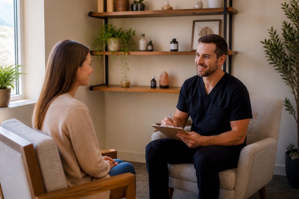 Healthcare provider in a welcoming clinic office consulting with a patient, both seated comfortably in a modern, calm treatment space with soft lighting