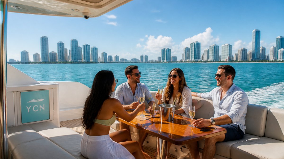Group of friends relaxing on the aft deck of a modern yacht with drinks, turquoise water and Miami skyline visible in the distance, natural afternoon sunlight