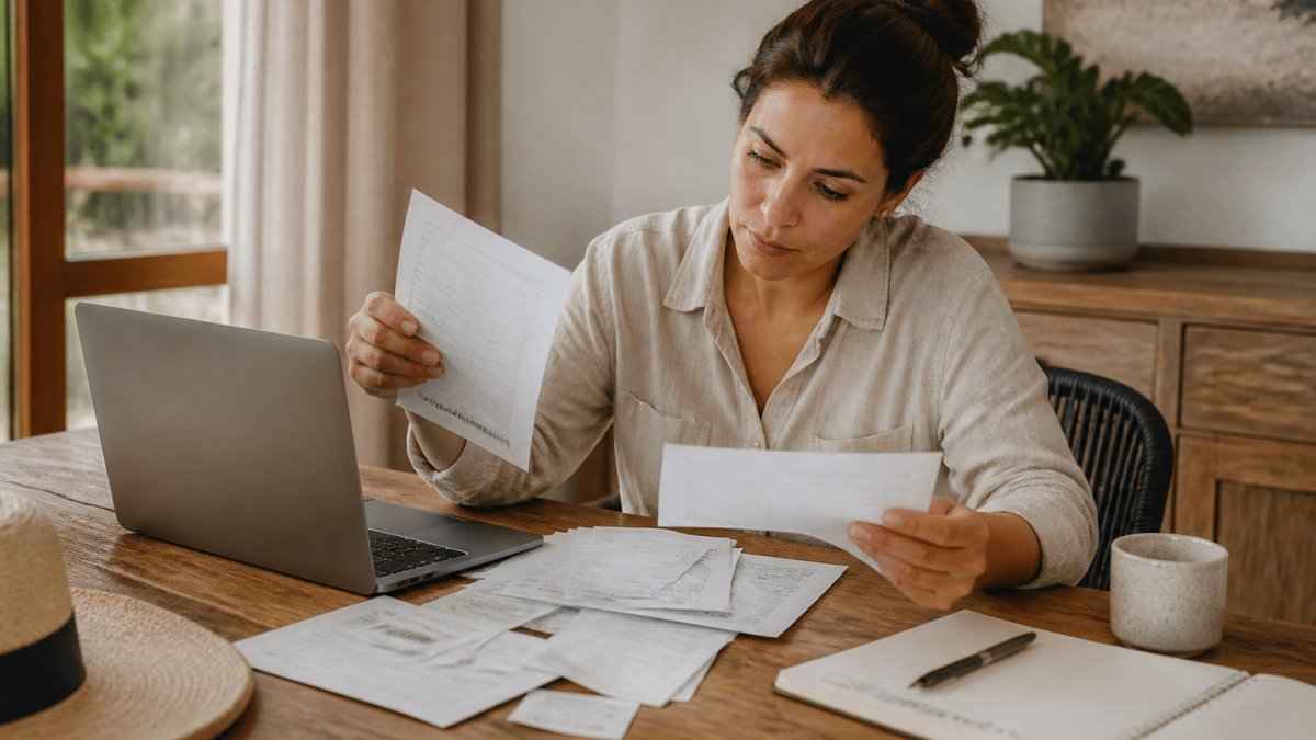 Traveler reviewing printed flight confirmations, hotel receipts, and itinerary documents spread across a desk with a laptop and travel planner notebook