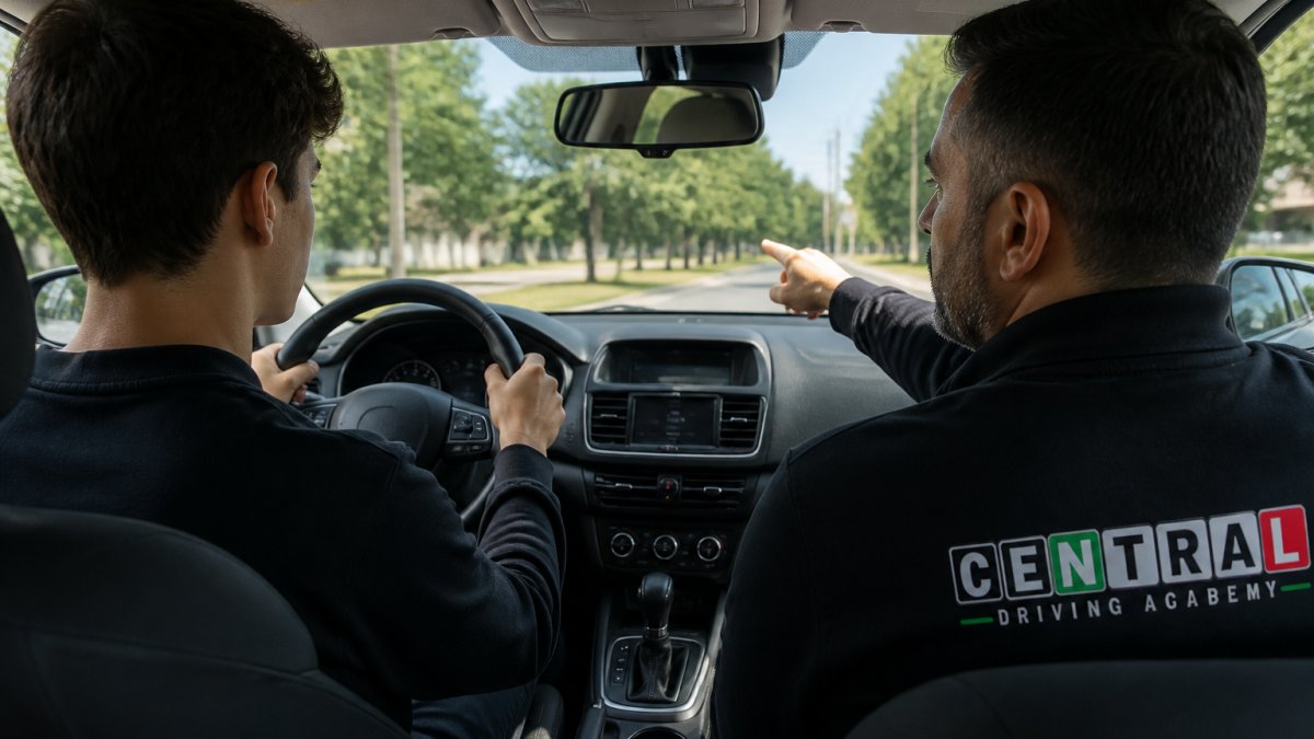 Young learner driver sitting in passenger seat during in-car lesson with instructor beside them, both focused on road ahead through windshield, natural daylight