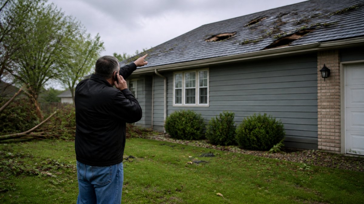 Homeowner pointing at storm-damaged roof shingles while preparing to book emergency storm damage repair.