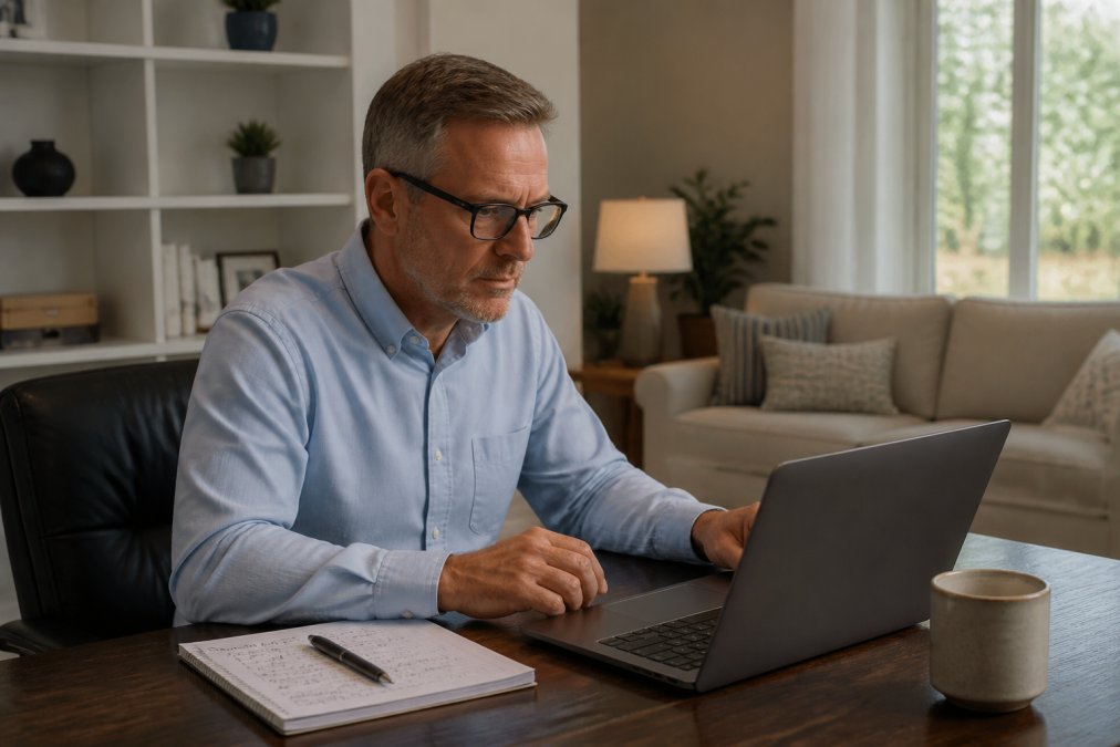 A financial advisor in a bright home office reviewing prospect data on a laptop with a notepad and coffee nearby