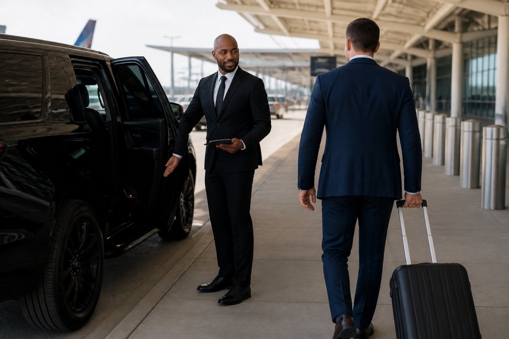 A professional chauffeur in a black suit standing beside a black luxury SUV at Charlotte Douglas International Airport curbside, holding a tablet and opening the rear passenger door for an arriving executive traveler with a rolling suitcase