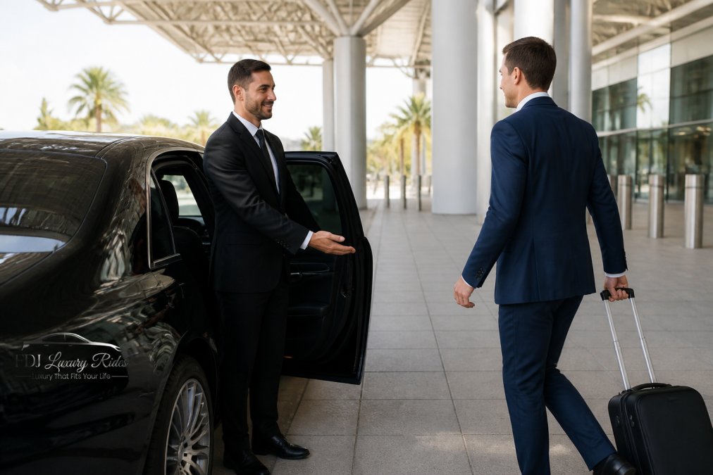 Professional chauffeur in dark suit opening car door for business professional at airport terminal entrance with natural daylight