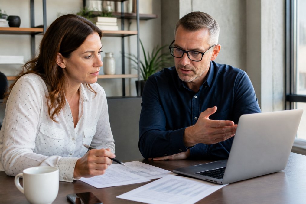 Business owner and financial advisor reviewing financial documents and discussing cash flow forecasting on laptop in modern office setting with natural window lighting