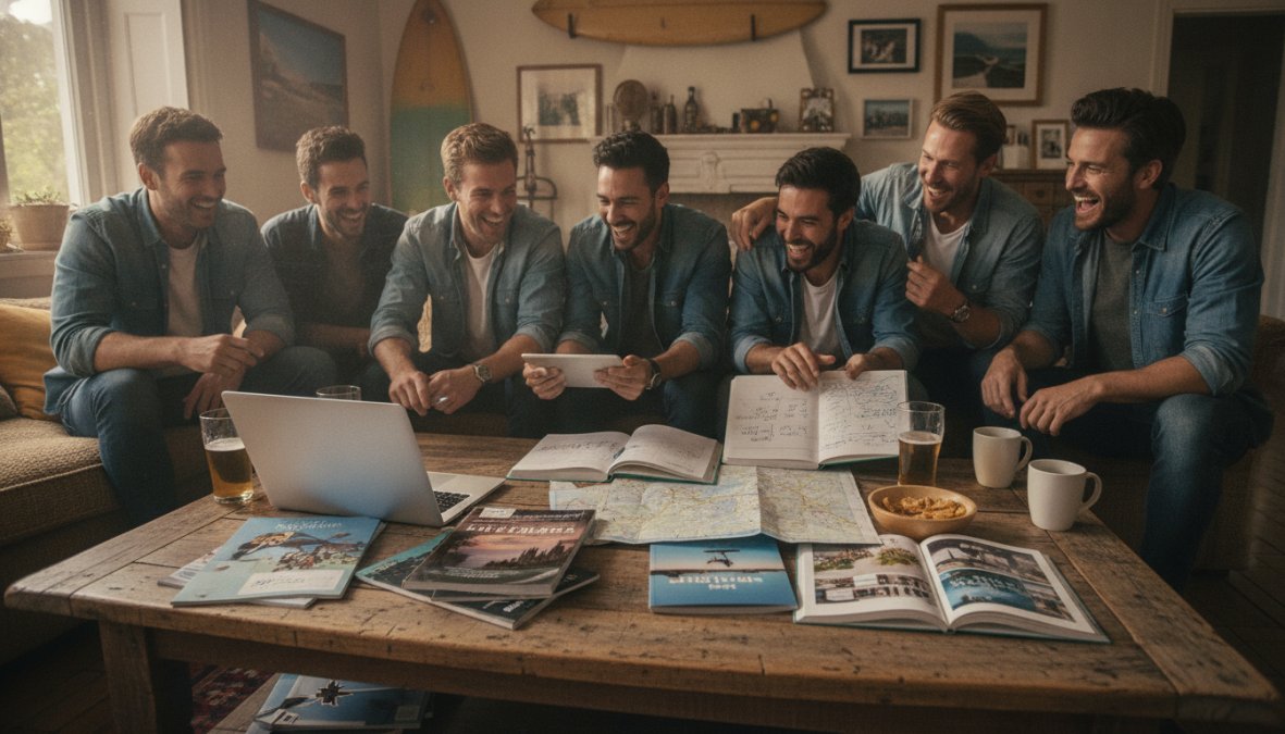 A diverse group of male friends laughing together while reviewing plans on a laptop and tablet, sitting in a casual living room setting with natural light from windows